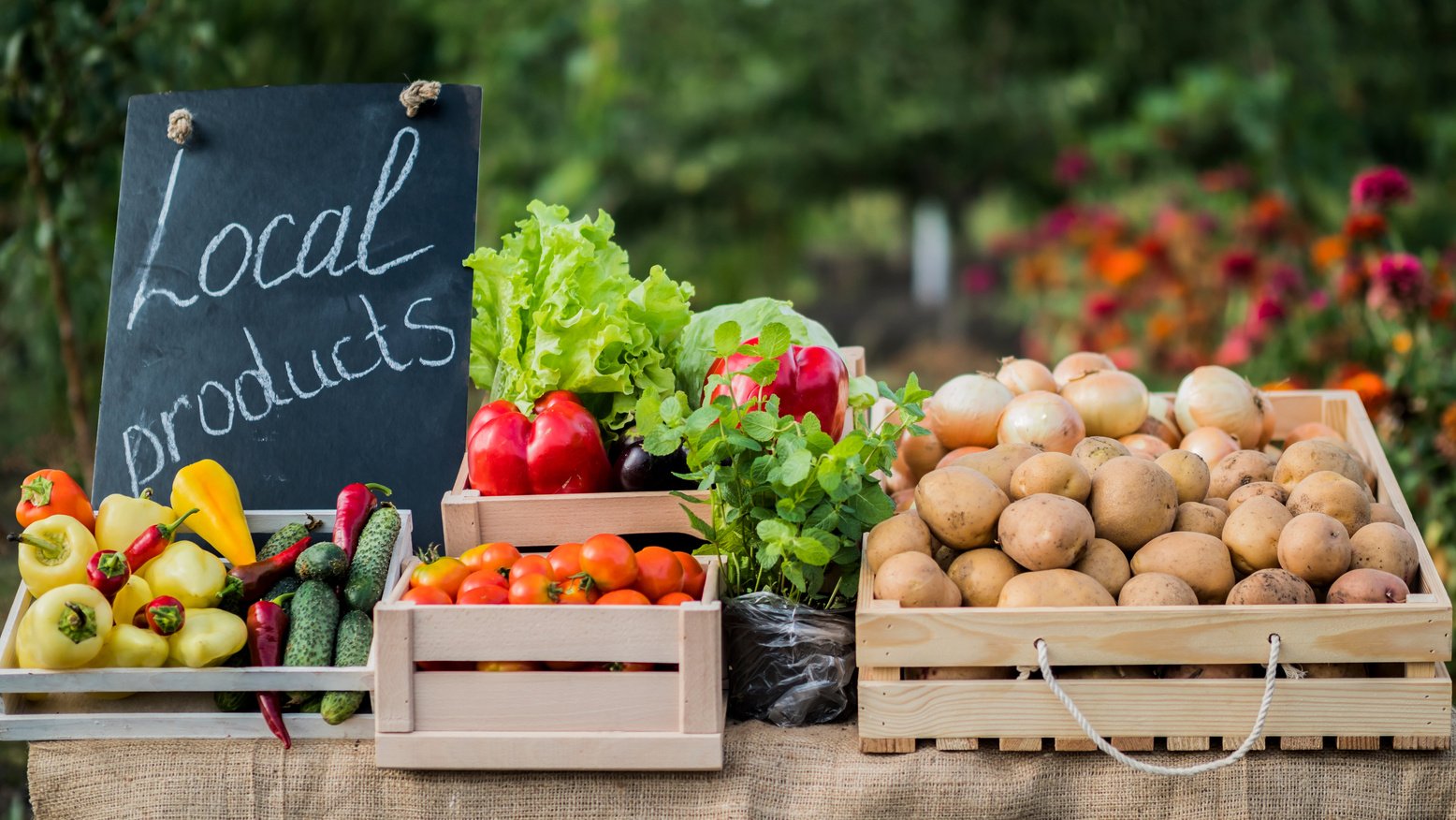 Counter with fresh vegetables and a sign of local products